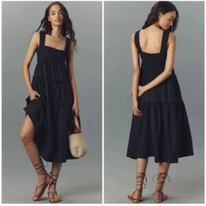 Anthropologie Maeve The Helena Square-Neck Smocked Tiered Midi Dress Size S NWT